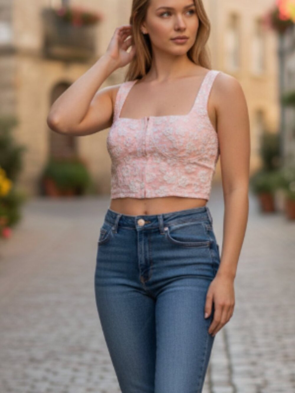Wild Fable Pink Floral Textured Corset Cropped Tank Top size Large